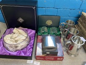 A selection of boxed crystal including Edinburgh as well as tankards and a hip flask