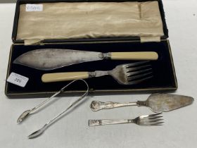 A selection of silver plated items including a cased fish knife set
