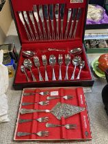 A cased Onieda canteen of cutlery (appears complete) along with a silver plated cake fork set