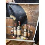 A large hand painted oil on canvas depicting wine bottles etc by Wakary Shay approx 130x100cm