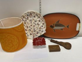 A good selection of misc collectables including mid century, inlaid trinket box and Canadian rug