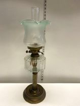 A antique oil lamp with glass reservoir and etched glass shade and chimney h67cm, shipping