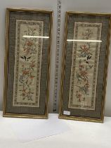 Two Chinese framed silk panels 63x27cm