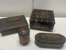 A selection of antique tins including a Huntleys and Palmer Anglo-Indian style biscuit tin