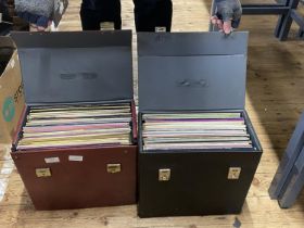 Two vintage LP carry cases and contents of mixed genre LP records, shipping unavailable