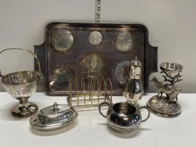 A silver plated tray and contents of assorted plated ware