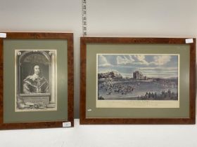 A antique print of Doncaster races with a antique lithograph of King Charles I in Burr Walnut frames