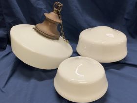 Three antique white opaque glass ceiling shades, one with gallery, shipping unavailable