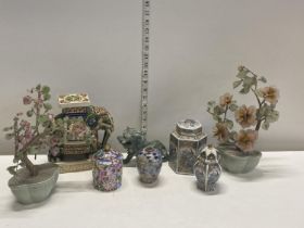 A selection of assorted Oriental ceramics including artificial Bonsai style trees in celadon pots