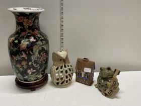 A large Chinese ceramic vase on stand h39cm (hole to base) and three ceramic tealight holders,