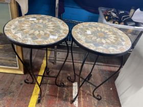 A pair of wrought iron patio side tables h60cm, shipping unavailable