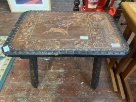 A unusual handmade Spanish theme table with leather insert, 60x40cm shipping unavailable