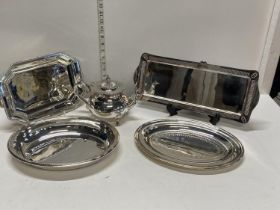 A selection of silver plated trays and kettle