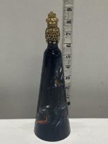 A unusual hand painted on glass bottle with gilt stopper h24cm