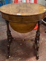 A antique Burr Walnut sewing table (slight imperfections to top), shipping unavailable