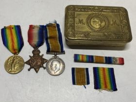 Three WW1 medals awarded to MS - 2124 PTE. P.J.French ASC with a WW1 Princess Mary Christmas tin