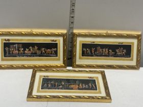 Three gilt framed and hand painted Italian themed panels