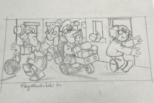 Thirteen original pencil sketches by Ray Mutimer including Postman Pat, Rupert and Harold with