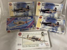 Five assorted Airfix model kits of Hurricane aircraft (unchecked)