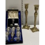 A selection of EPNS ware and two vintage brass candlesticks
