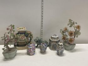 A selection of assorted Oriental ceramics including glass Bonsai style trees in celadon pots