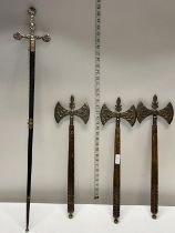 Three ornamental throwing axes and a sword in scabbard, Shipping unavailable