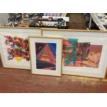 Three pieces of signed contemporary artwork (artist unknown), shipping unavailable, largest frame