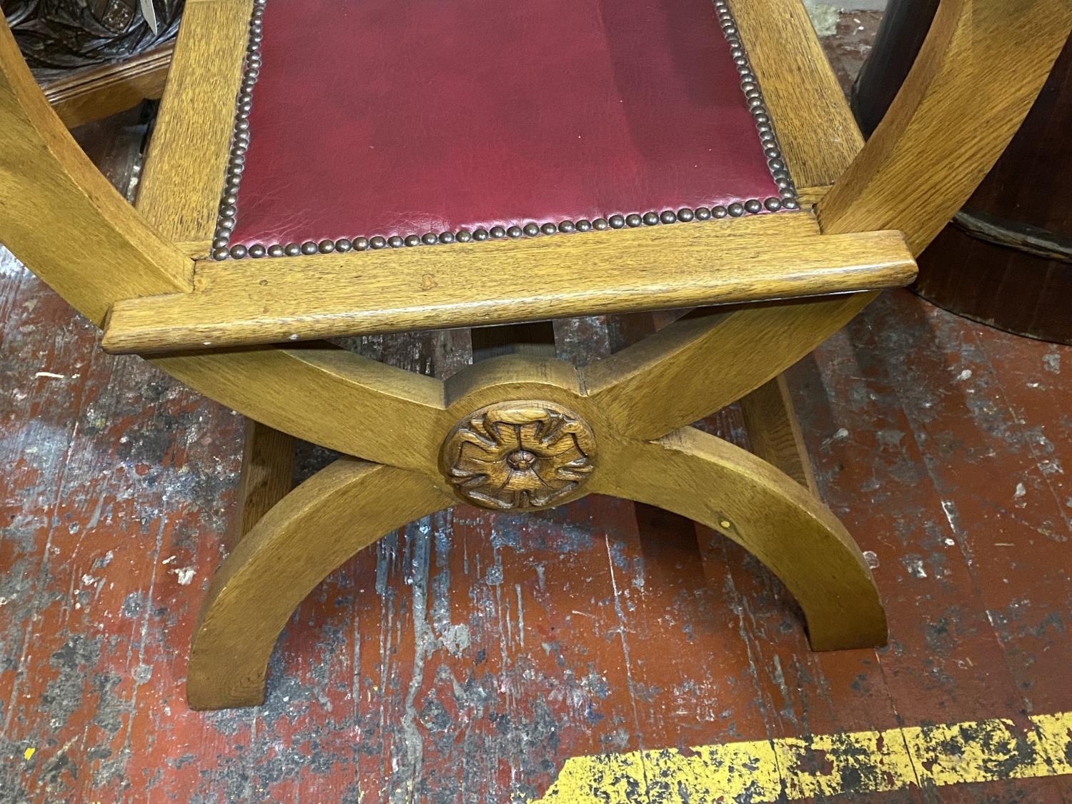 A antique X framed oak bishops chair with red leather insert, shipping unavailable - Image 2 of 4
