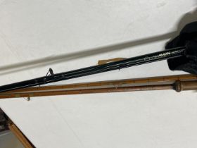 A vintage Edgar Sealey octofloat deluxe split cane fishing with a Avon quivertip fishing rod,