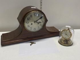 A Edwardian mahogany Napoleon hat mantle clock with key and pendulum and a vintage Kundo brass