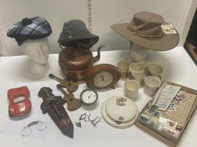 A job lot of misc including a new Ozzy Bushmans hat and 2 Smiths clocks