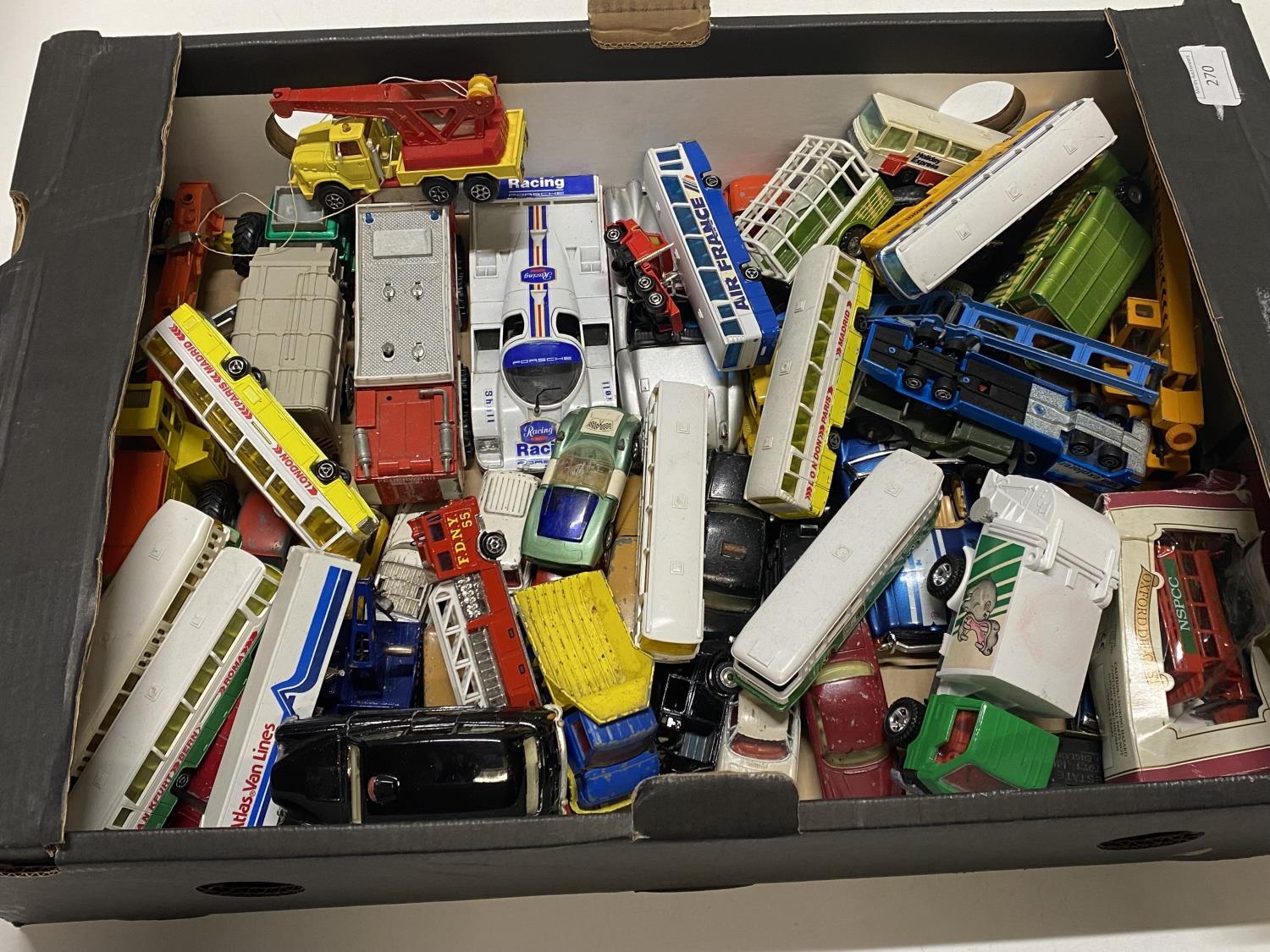A box of assorted die-cast models including Corgi, Dinky etc