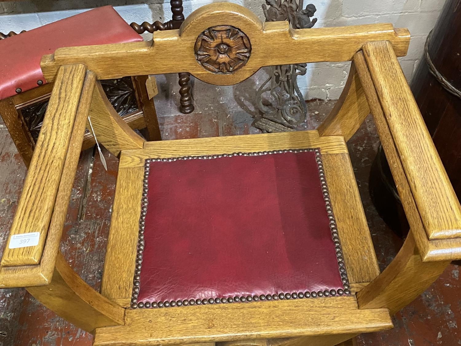 A antique X framed oak bishops chair with red leather insert, shipping unavailable - Image 3 of 4
