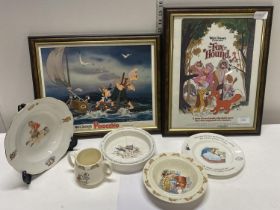 A selection of assorted Wedgewood children's ware including Bunnykins etc and two framed Disney