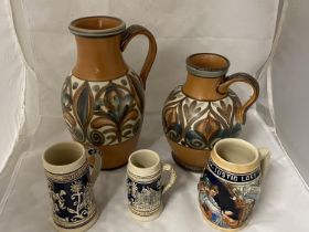 Two mid-century Langley jugs and three German beer steins