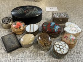 A job lot of assorted trinket boxes including papier mache and treen snuff box