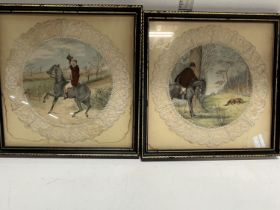 A pair of framed Victorian silk hand painted doilies