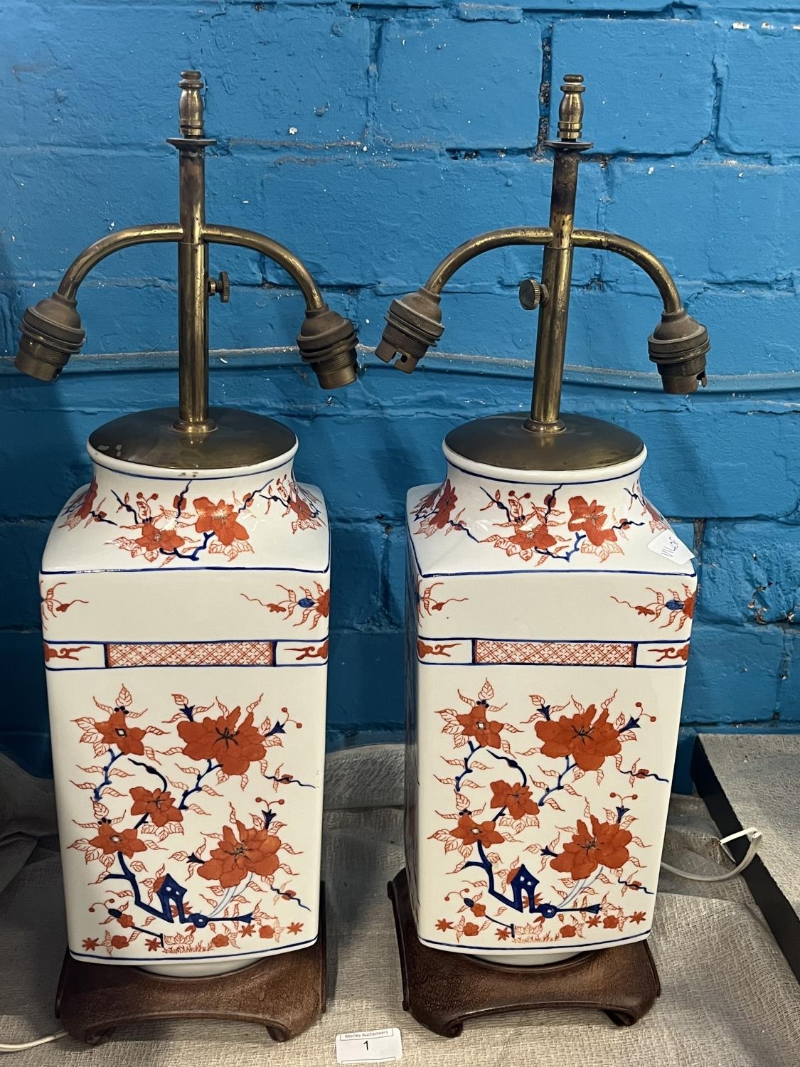 A pair of Oriental vases on wooden stands, converted into table lamps h56cm, shipping unavailable