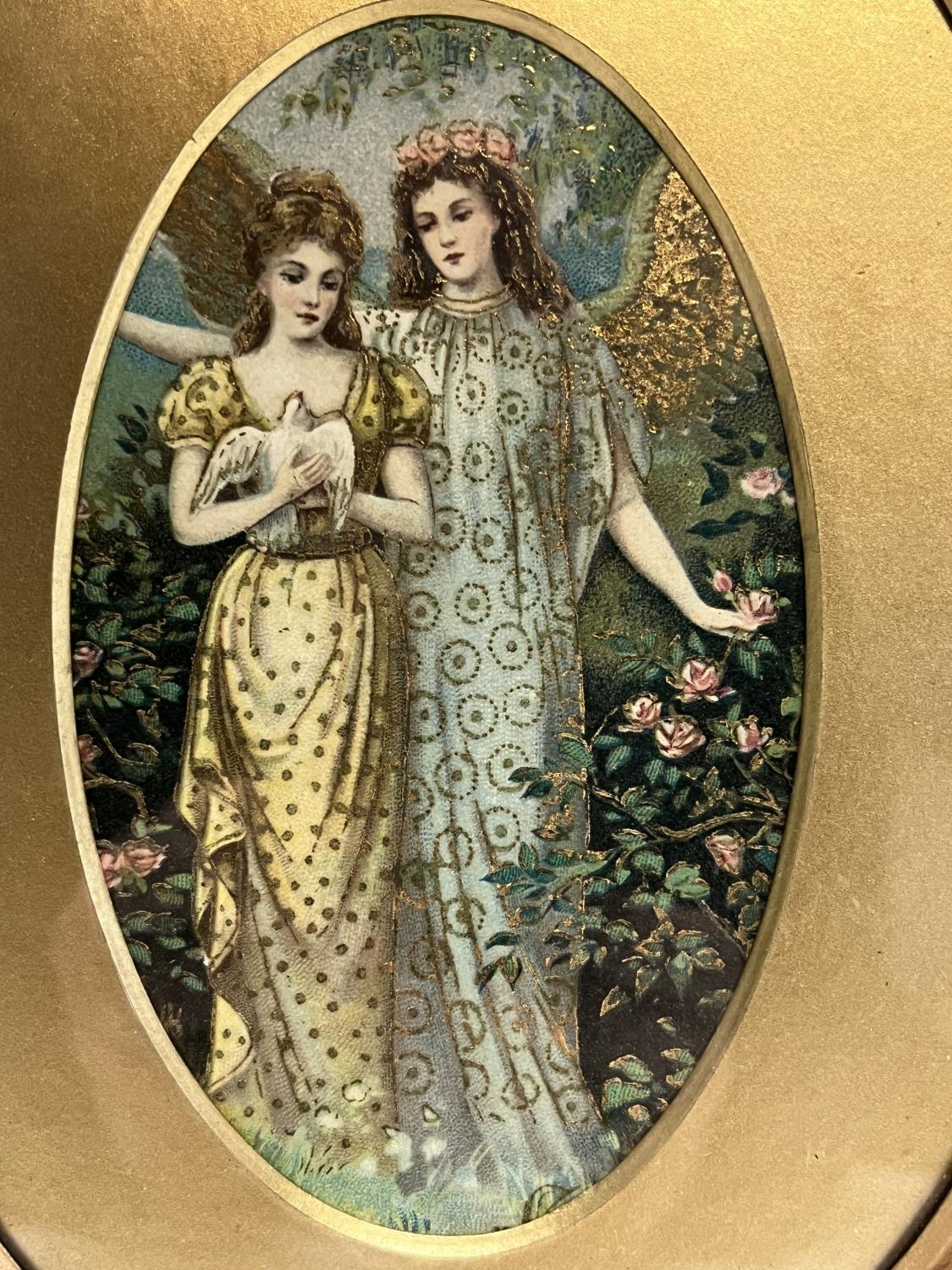 A pre - Raphaelite period painting in watercolour and gold gilt in a fine gilt frame (damage to