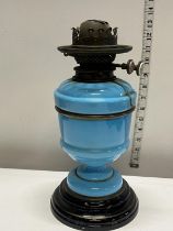 A vintage Hinks Duplex oil lamp base with blue enamel reservoir a/f