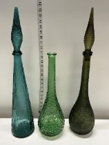 Three vintage 1970s bottle vases (One missing stopper), tallest 57cm Shipping unavailable