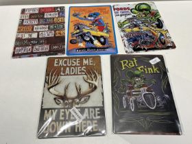 Five assorted new tin plate signs