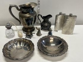 A selection of assorted metal wares including two hip flasks