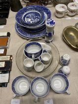 A selection of blue and white Willow pattern bone china