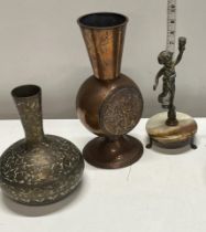 A selection of assorted metal wares including a bronzed cherub on onyx base.