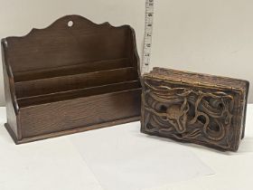 A beautiful hand carved wooden box and a vintage wooden letter rack