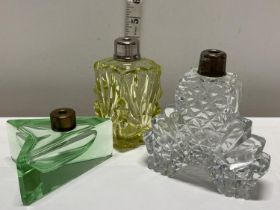 Three vintage glass scent bottle (missing stoppers)