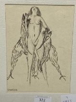 A Dominic Fels ink sketch of a nude woman and mystical bird figures, 26x21cm