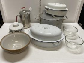 A job lot of vintage kitchenalia including enamel and galvanised wares, shipping unavailable