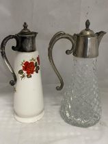 A hobnail cut glass claret decanter and a unusual Wade ceramic decanter